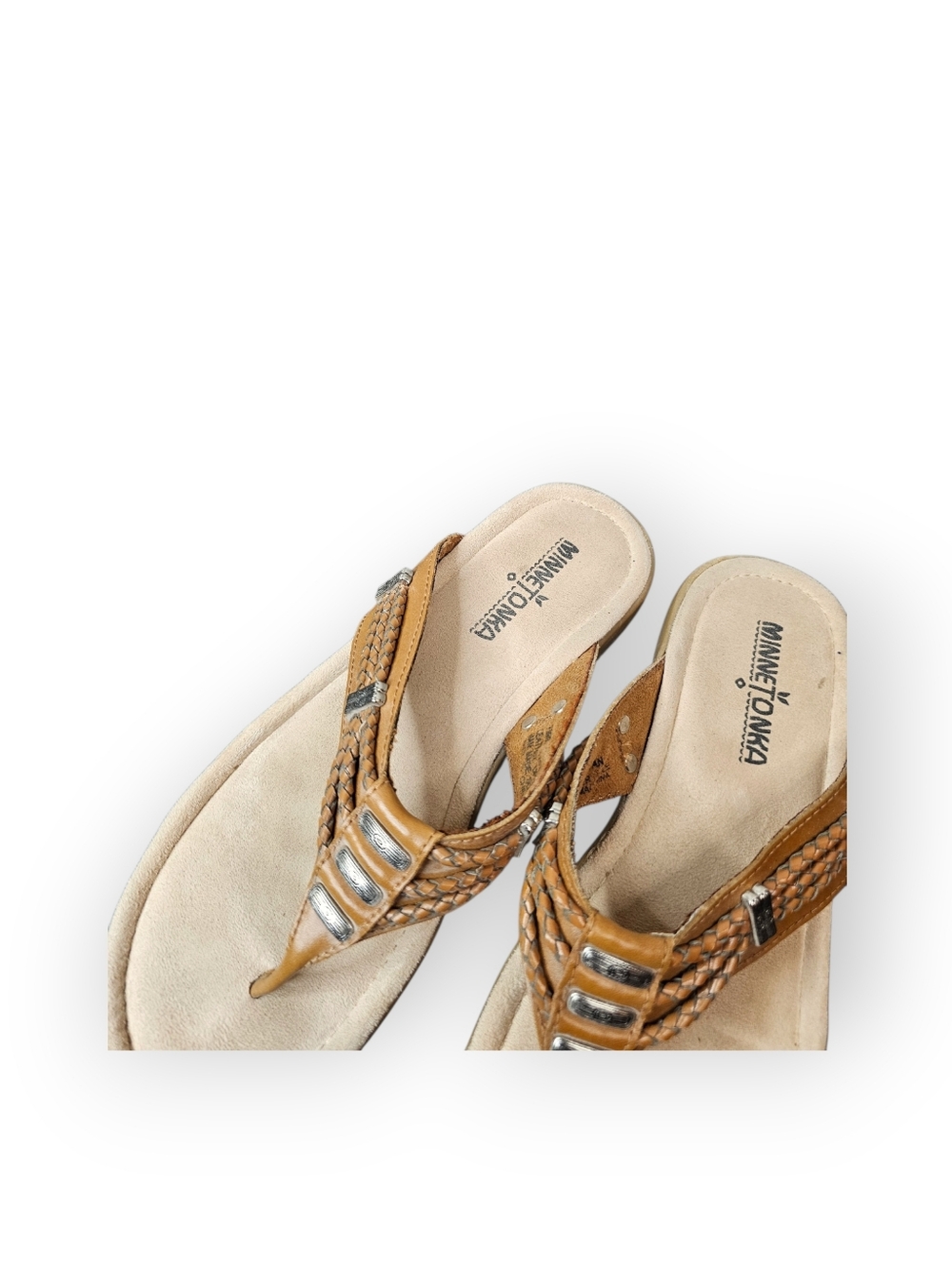 Minnetonka Leather Thong Sandals Womens Size 6 Brown Braided Strap - Picture 3 of 5